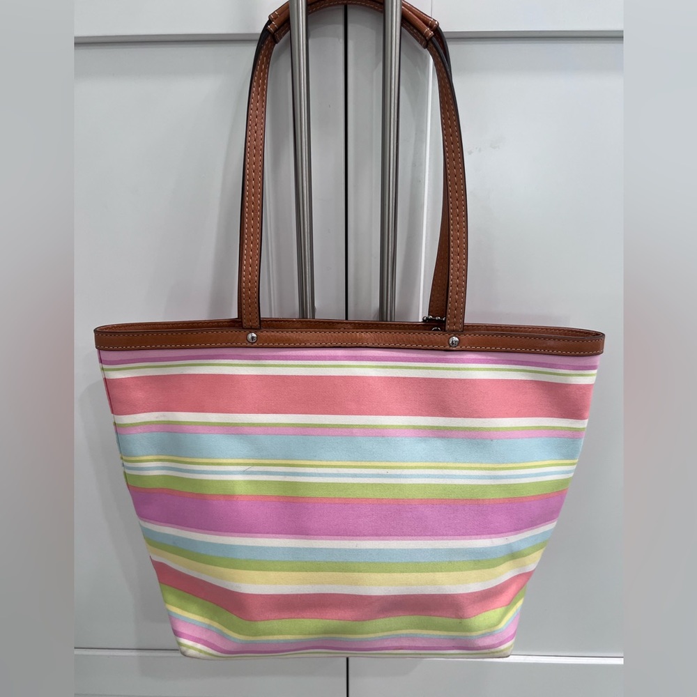 Coach Hampton Canvas Vintage Tote Bag Pastel Striped Leather Trim Y2K - Picture 2 of 5